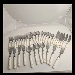 VTG MCM Faux Ivory (Plastic) Riveted Stainless Steel Flatware Made In Taiwan 35p